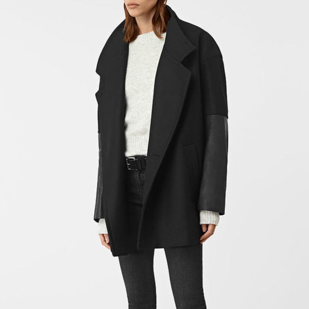 All Saints Meade Lea Coat, Women's Size 8, Black Wool Blend Leather Sleeves